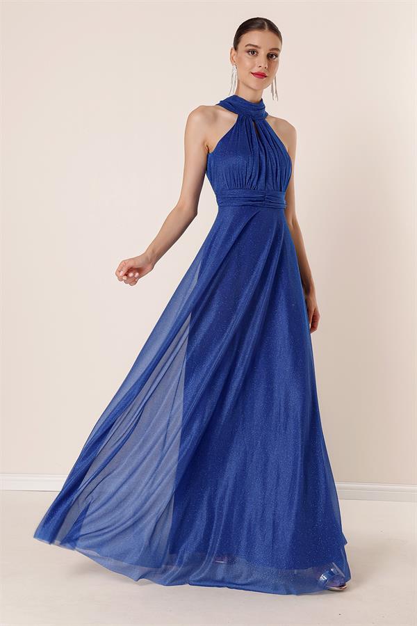 Boyundan Bağlamalı Astarlı Simli Uzun Elbise