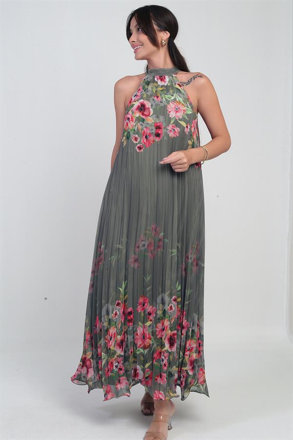 Robe longue plissée en mousseline doublée à motif floral pour femme