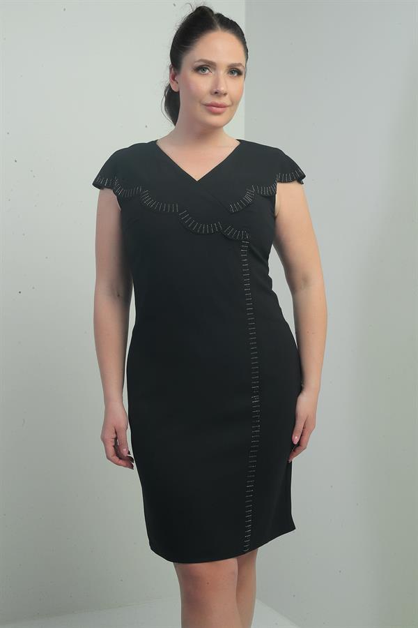 Women's Plus Size Short Dress with Stone Detail on Collar, Laser Cut, and Lined.
