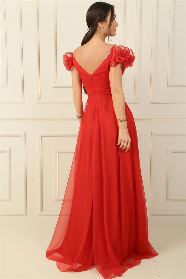 Front and Back V-Neck Strappy Short Sleeved Long Tulle Dress with Rhinestone Embellishment and Lining