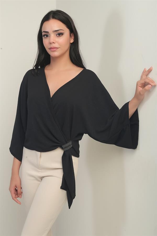 Kadın Kruvaze Yaka Kısa Ayrobin Bluz