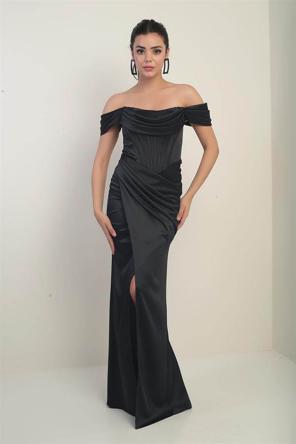 Kadın Straplez Düşük Kollu Astarlı Balenli Saten Uzun Elbise