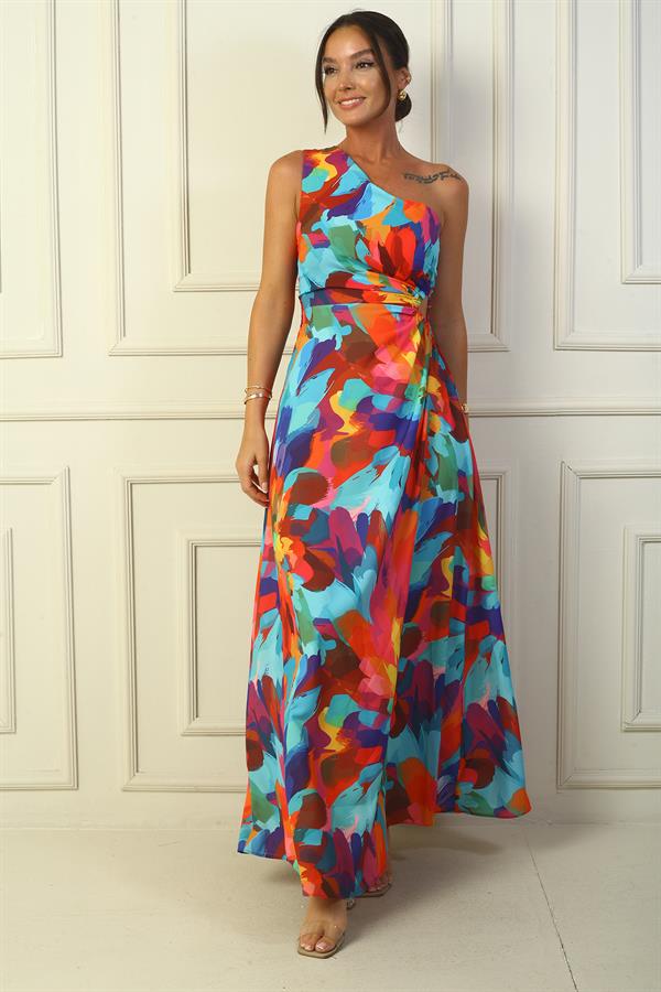 Robe longue en crêpe satin multicolore à une épaule et découpe latérale pour femme