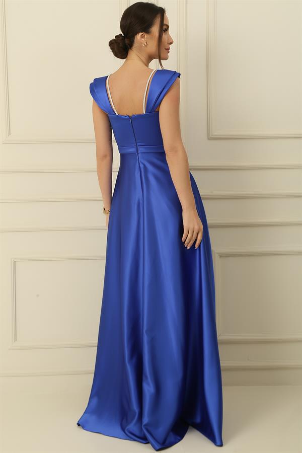 Strappy, Stone-Detailed, Square Neck, Lined Long Satin Dress