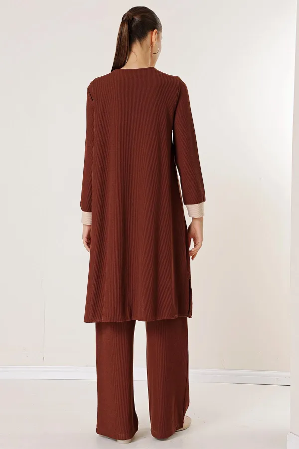 Tunique sans manches, pantalon taille élastique, cardigan long, ensemble tricoté 3 pièces