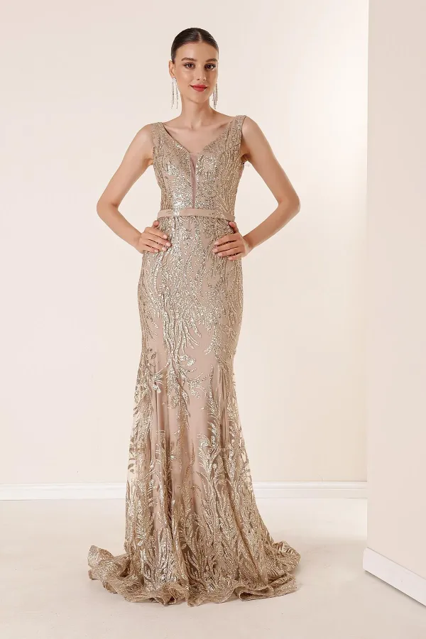 V-Neck Lined Glittery Flock Print Long Dress