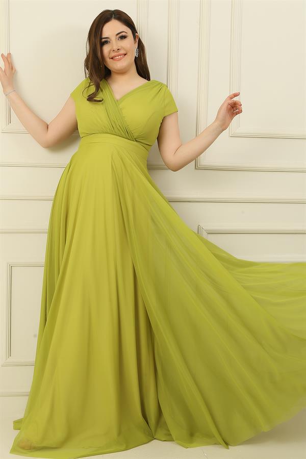 Wrap Neck, Lined, Nail Sleeve, Full Circle, Flared Chiffon Tulle Plus Size Long Dress