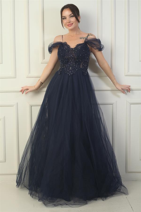 Kadın Ön Arka V Yaka Astarlı Düşük Kollu Üstü Aplike İşleme Prenses Abiye Elbise