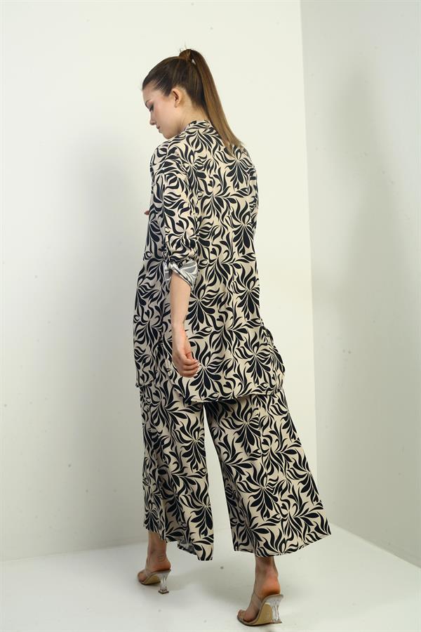 Women's Side Slit Tunic Shirt, Elastic Waist Pocketed Palazzo Pants, Floral Pattern Oversize 2-Piece Set