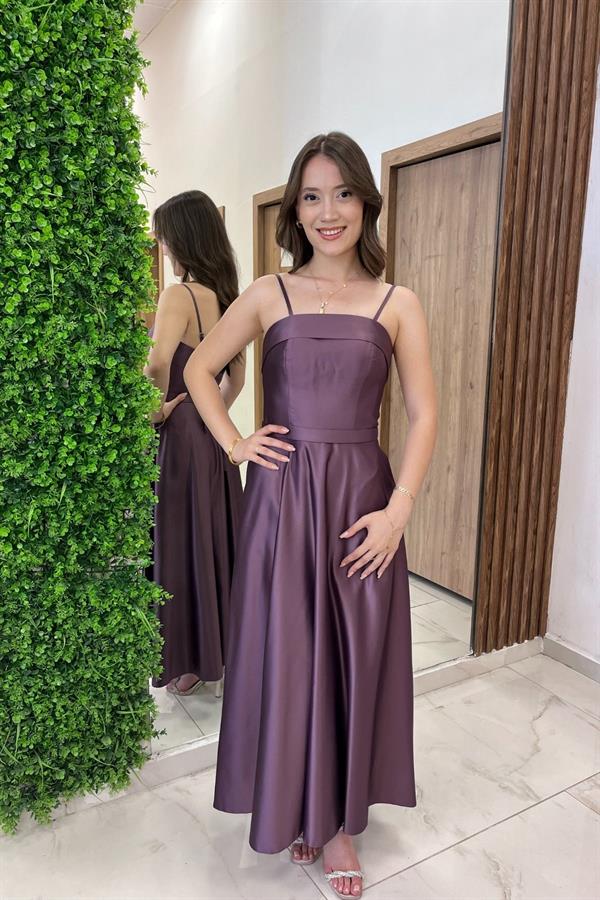 Women's Thin Strap Lined Pocketed Midi Satin Dress