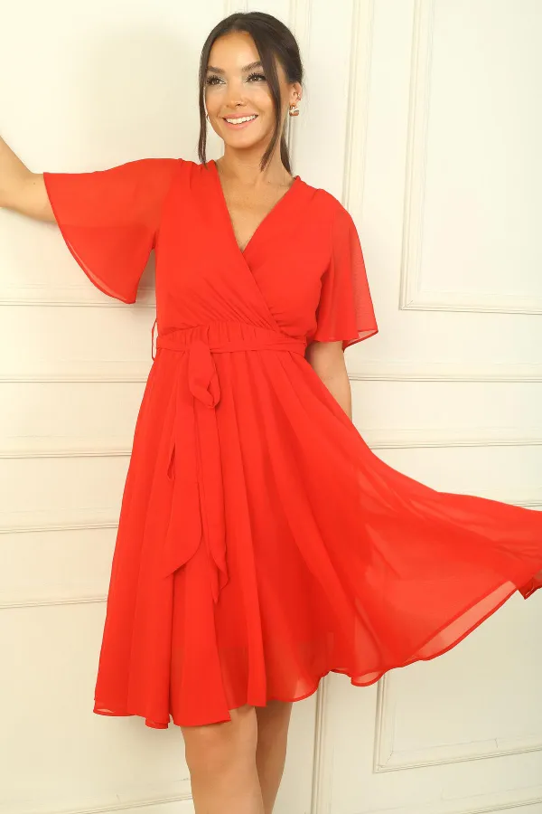 Women's Wrap Neckline Ruffled Sleeve Lined Chiffon Dress