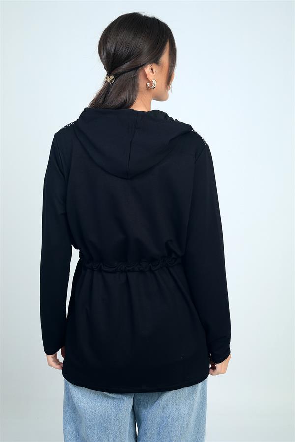 Cardigan Osyho pour femme, à capuche, fermeture éclair sur le devant, détails en maille et ceinture nouée.