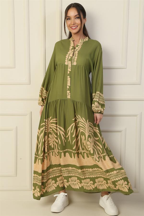 Long, half-buttoned, elasticated sleeve, printed modest dress.