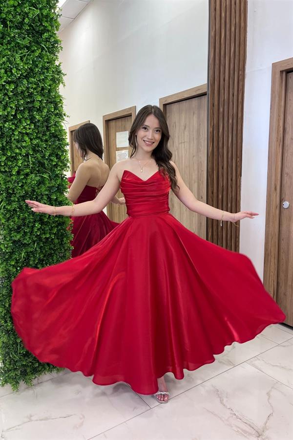 Robe midi bustier en satin organza doublée à col en V pour femme