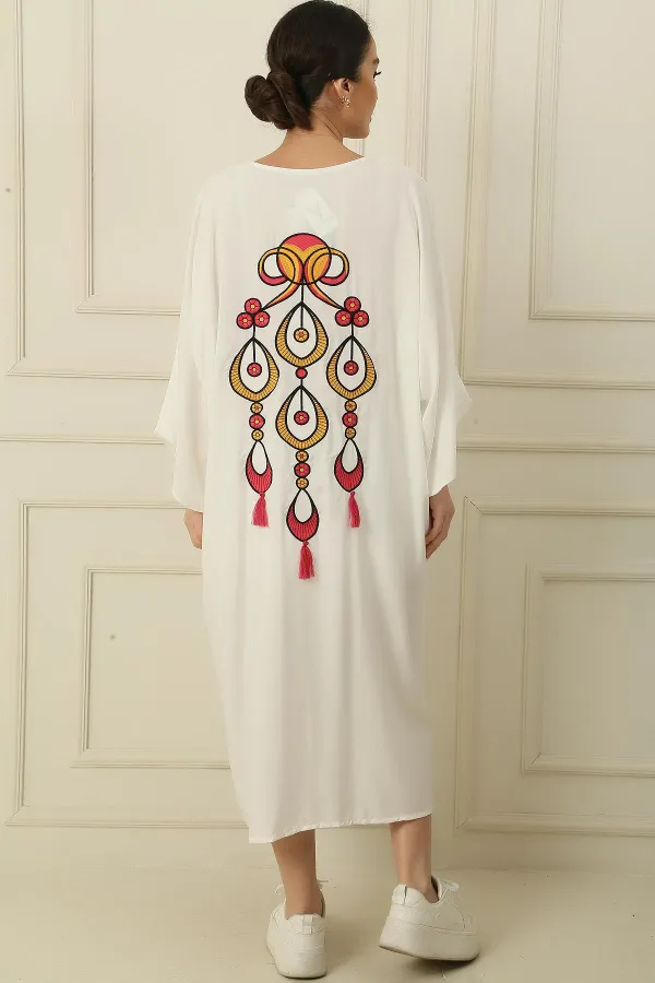 V-Neck Tasseled Double Pocket Embroidered Oversize Relaxed Fit Long Viscose Dress