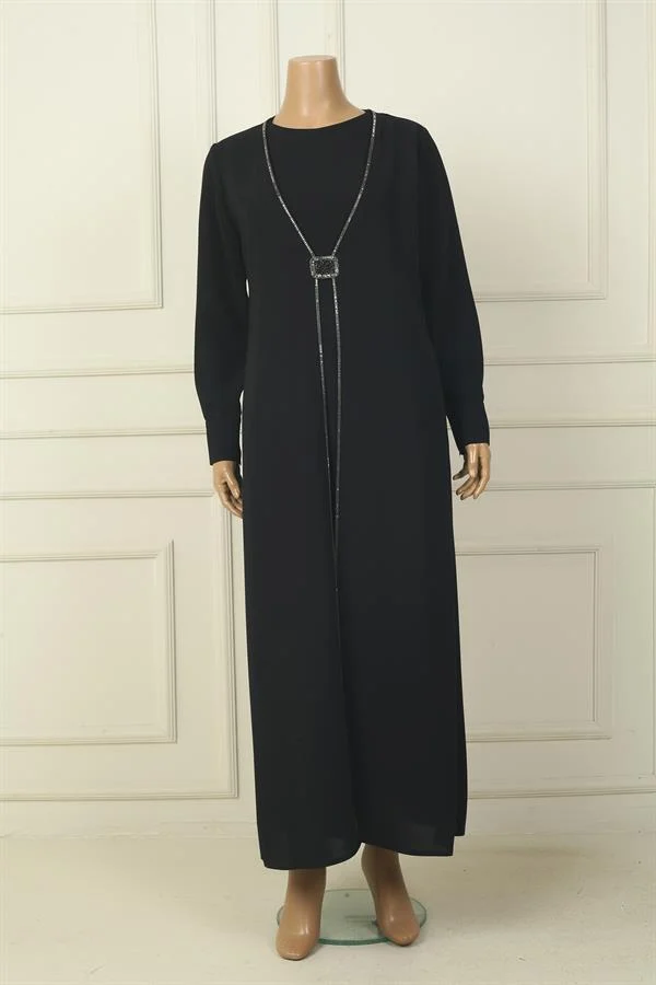 Robe longue en crêpe grande taille pour femme, avec poignets zippés, taille à boucle et ornements en pierre