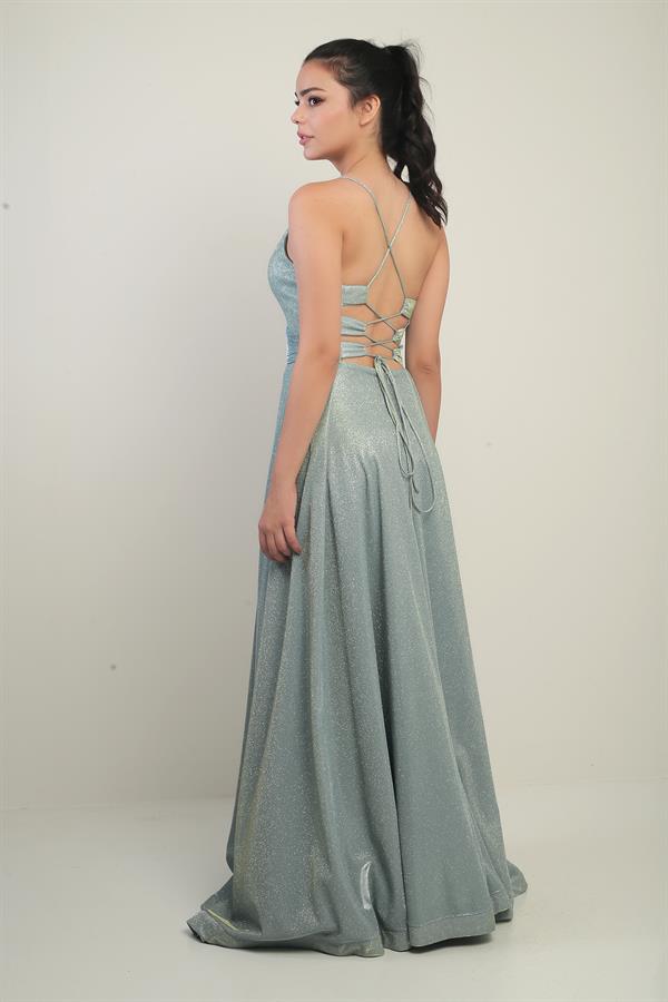 İp Askılı Astarlı Simli Uzun Abiye Elbise