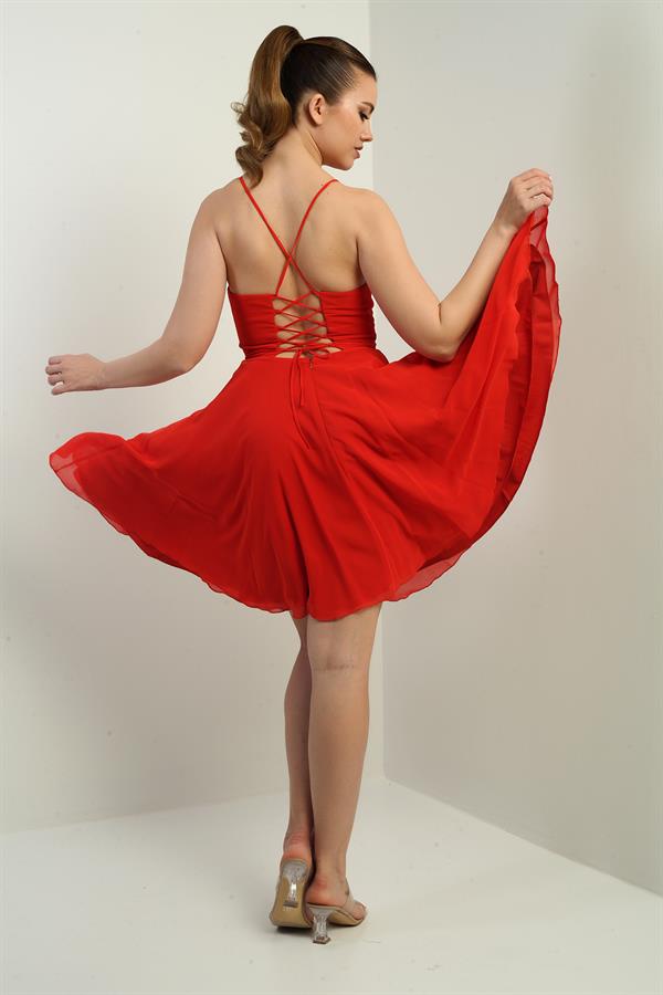 Women's Strappy, Back-Tie, Front-Opening, Lined Chiffon Short Flared Dress