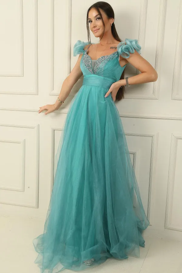 Ön Arka V Yaka İp Askılı Düşük Kollu Önü Taş Detaylı Astarlı Uzun Tül Elbise