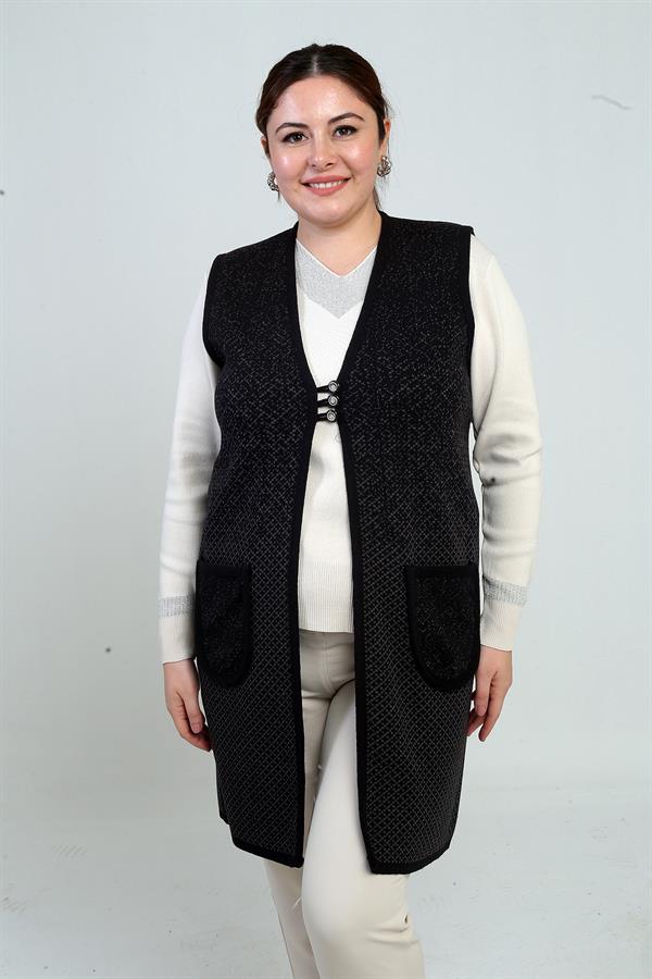 Gilet long en maille à poches, motif mini, fermeture à 3 boutons, grande taille, pour femme