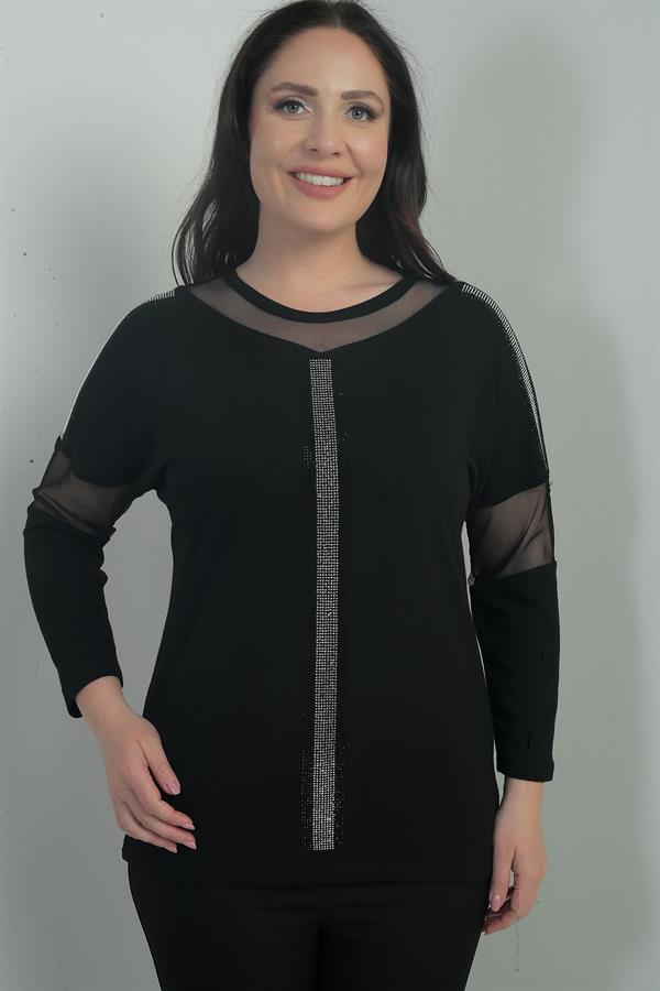 Kadın Taş Ve Tül Detaylı Likralı Çilek Büyük Beden Bluz