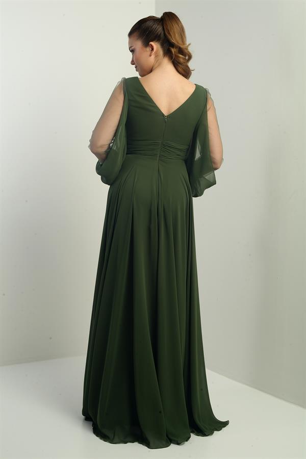 Ön Arka V Yaka Önü Drapeli Kolları Tül Astarlı Geniş Beden Aralıklı Uzun Şifon Elbise