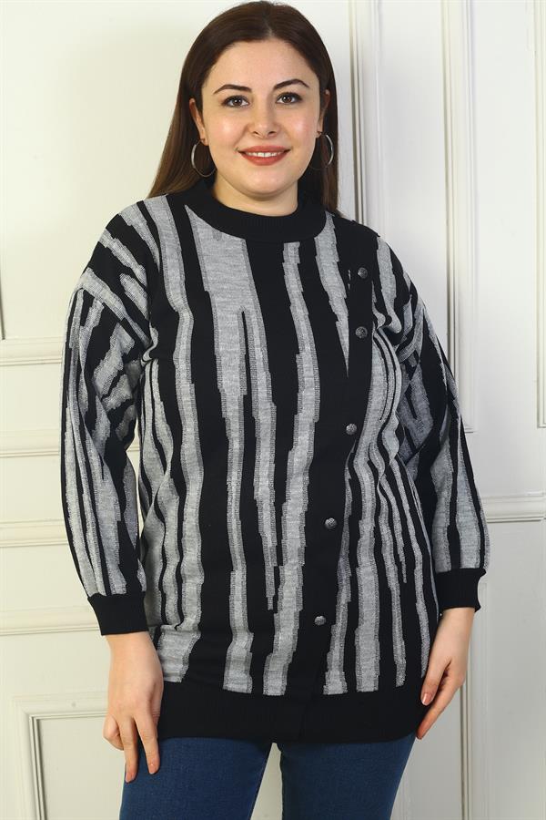 Kadın Önü Düğme Detaylı Simli Boyuna Çizgili Büyük Beden Triko Tunik Kazak
