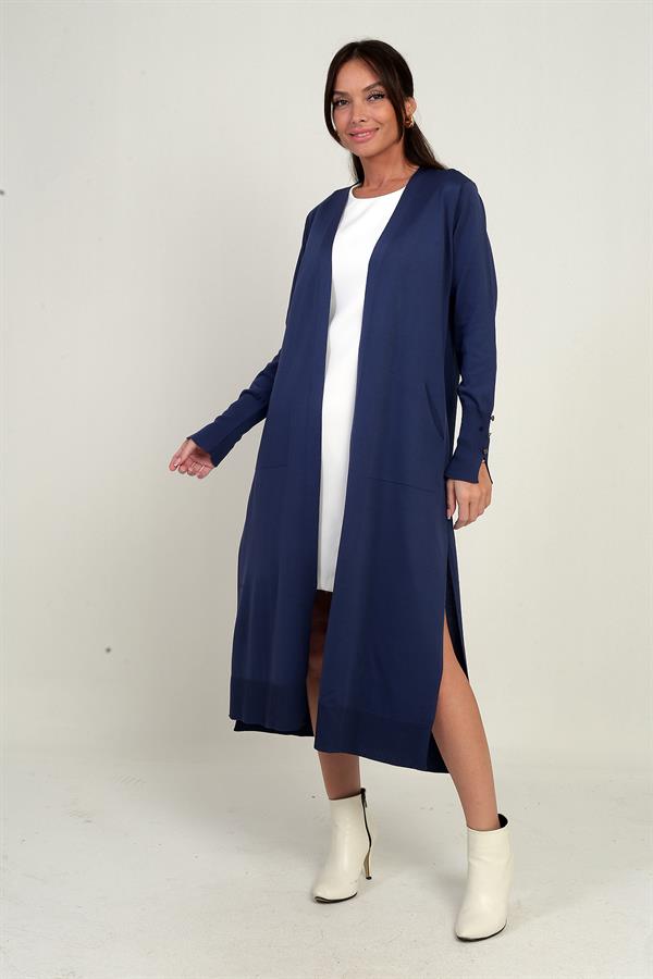 Women's Long Cardigan with Button Detailed Sleeves, Pockets and Side Slits