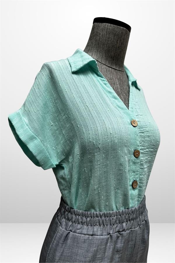 Kadın Polo Yaka Kendinden Desenli Keten Gömlek