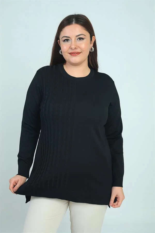 Kadın Tek Taraf Saç Örgülü Büyük Beden Likralı Tunik Bluz