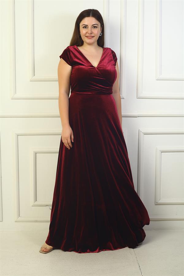 Women's Plus Size Long Velvet Dress with Front and Back V-Neck, Side Gathering, and Half-Moon Sleeves