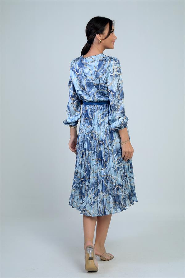 Kadın Kruvaze Yaka Beli Kemerli Astarlı Zincir Desen Piliseli Midi Saten Elbise