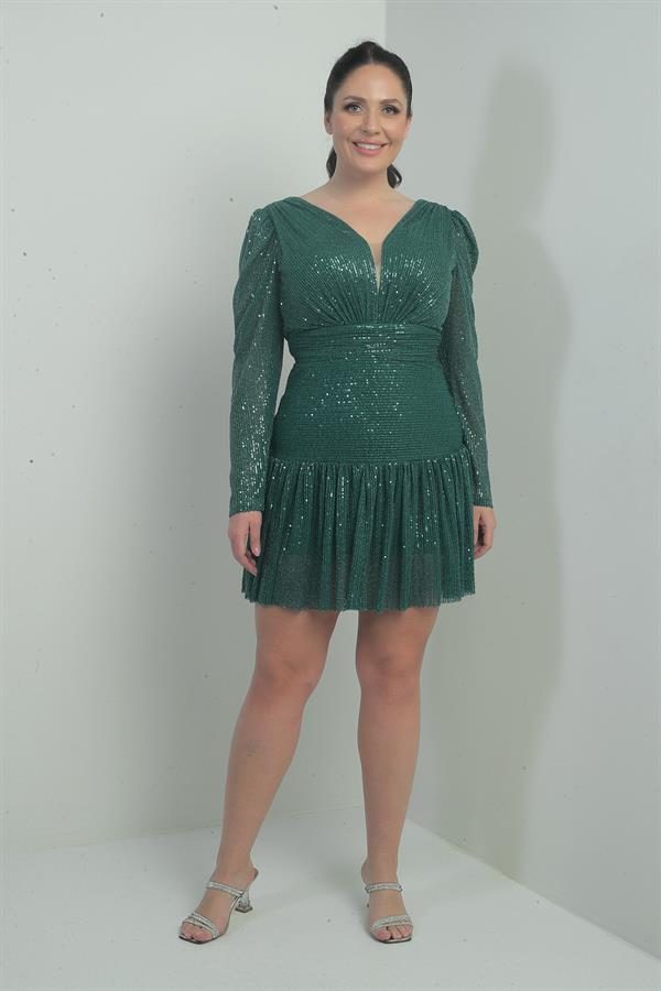 Women's Front and Back V-Neck Lined Draped Long Sleeved Plus Size Sequin Dress