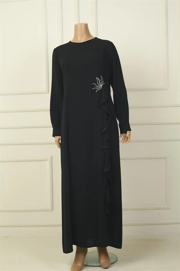 Robe longue en crêpe grande taille à volants brodés de fleurs et de pierres pour femme