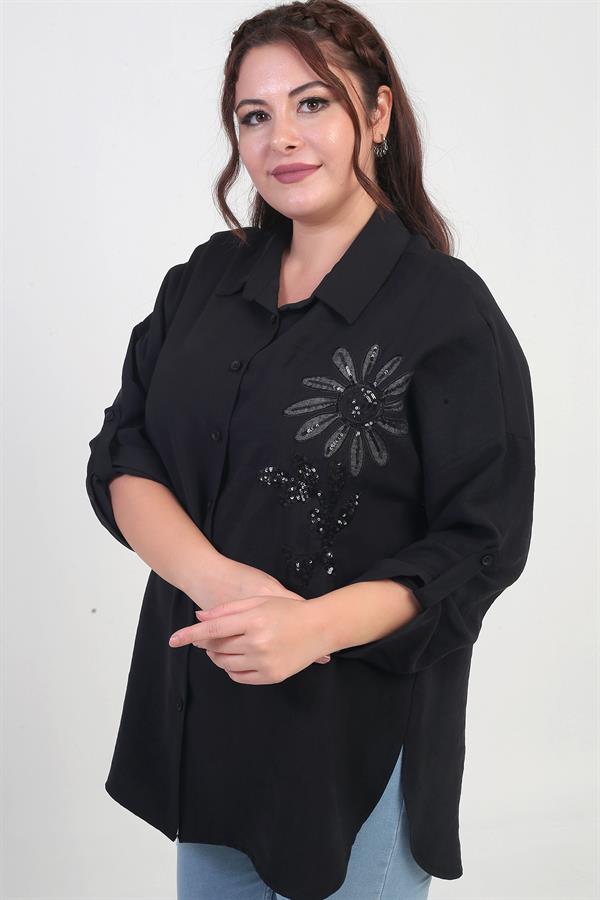 Chemise grande taille pour femme avec fentes latérales, applications florales et manches repliées