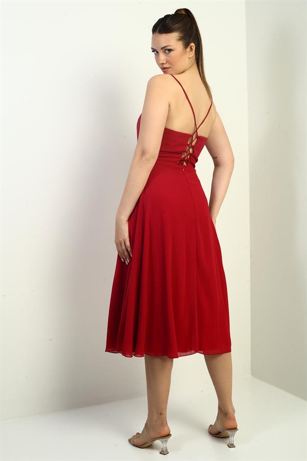 Women's Strappy Wrap Neckline Lined Lace-Up Back Flared Chiffon Dress