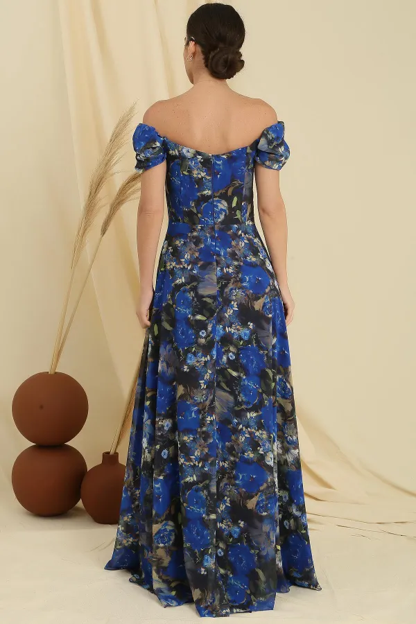 Madonna Collar Front Draped Lined Floral Patterned Long Chiffon Dress
