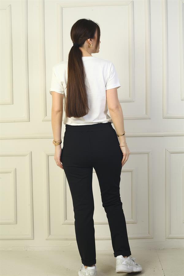 Kadın Beli Lastikli Yandan Cepli Full Likra Çelik Duble Paça Pantolon