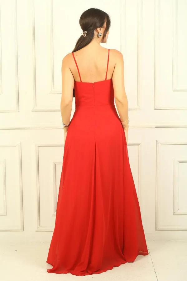 Robe longue en mousseline doublée à bretelles et drapée pour femme