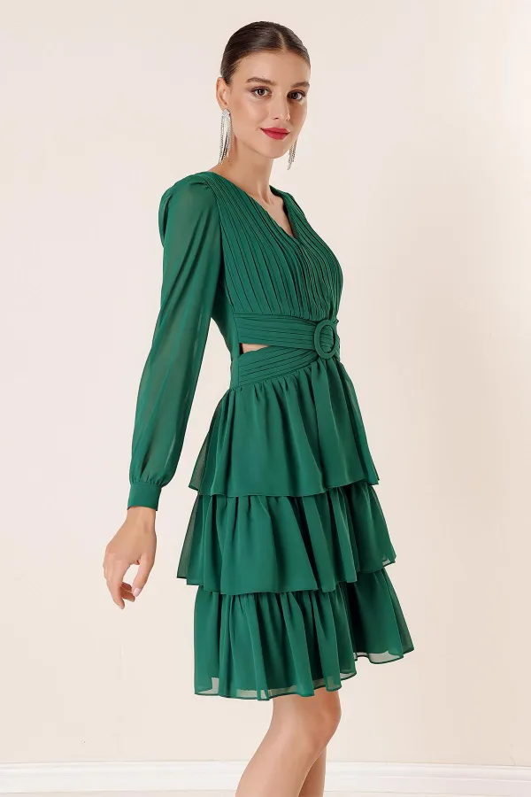 Şifon Gloplu Bel Ve Sırt Dekolteli Kat Kat Elbise