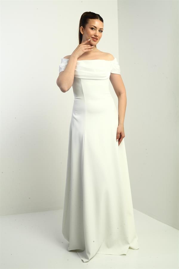 Straplez Kloş Telalı Astarlı Uzun Krep Abiye Elbise