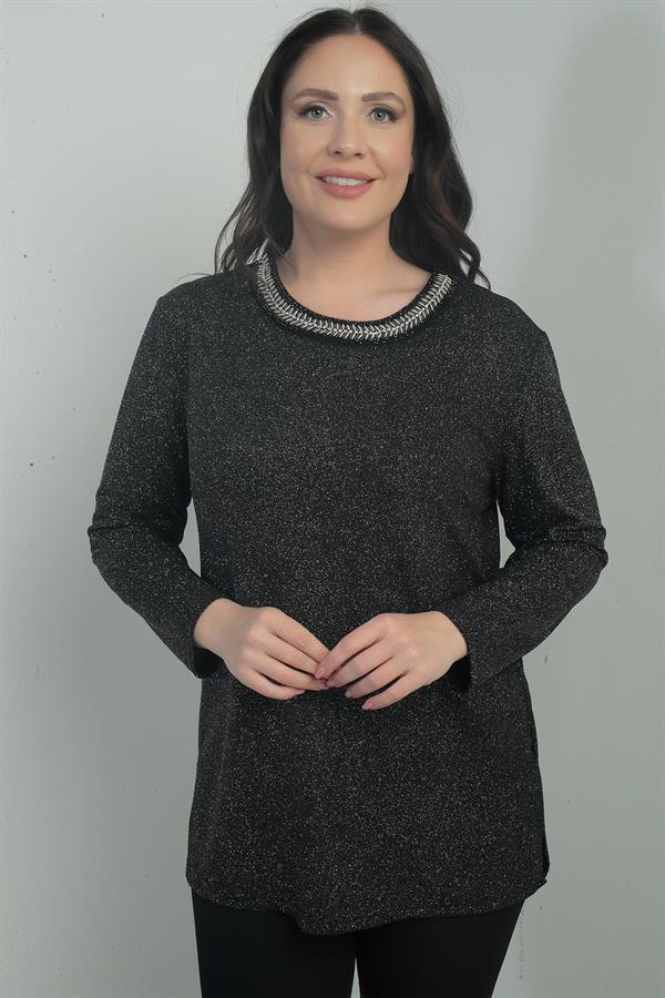 Women's Plus Size Blouse with Stone Details, Round Neck, Glitter, and Lycra