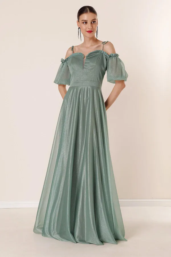 Yakası Piliseli Balon Kollu Astarlı Simli Uzun Elbise