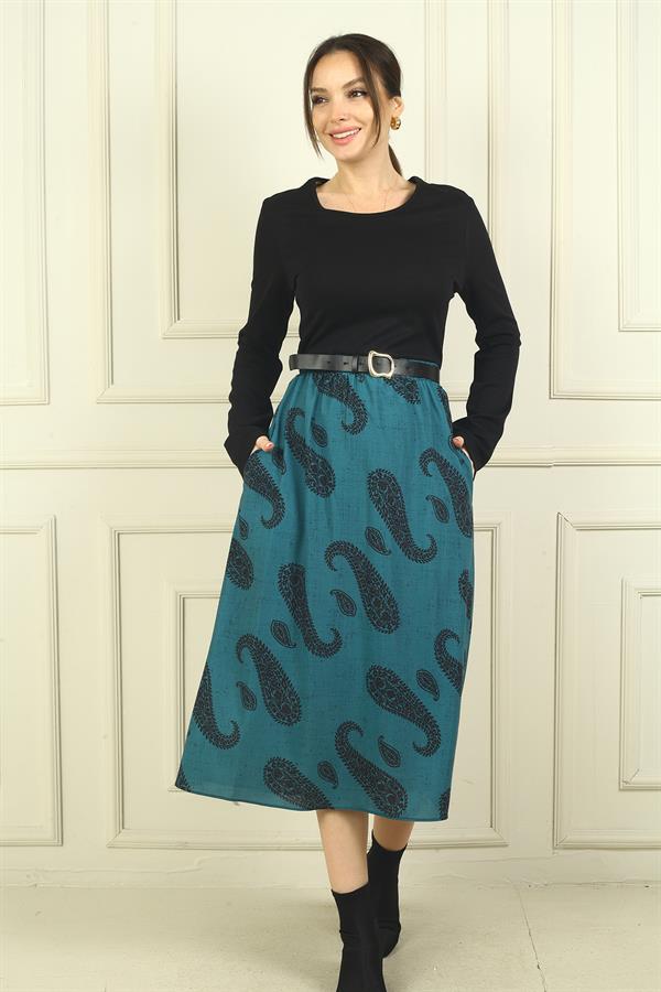 Kadın Beli Kemerli Eteği Şal Desenli Astarlı Elbise