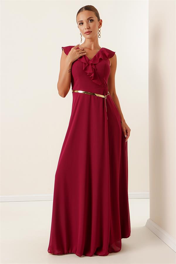 Long Chiffon Dress with Ruffled Neckline and Belt, and Slit
