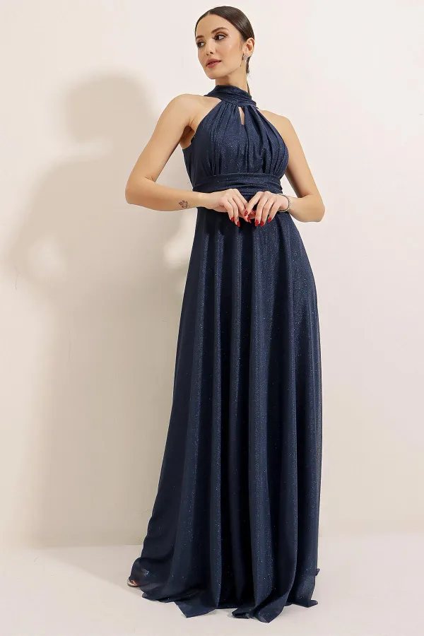 Boyundan Bağlamalı Astarlı Simli Uzun Elbise