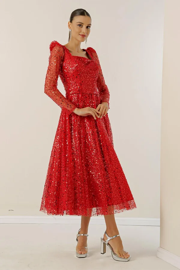 Square Neck Long Sleeve Lined Sequin Beaded Dress