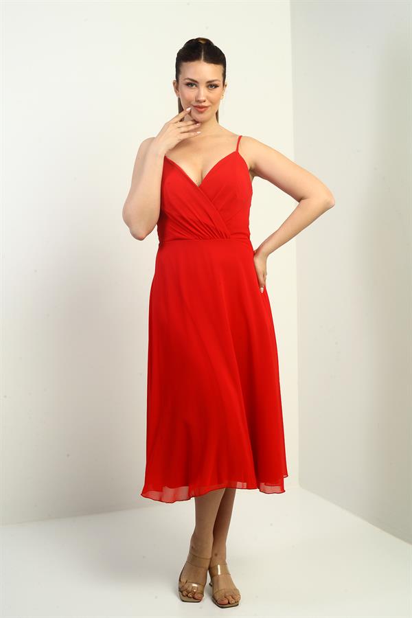 Women's Strappy Wrap Neckline Lined Lace-Up Back Flared Chiffon Dress