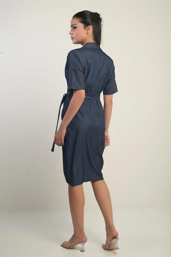 Women's Short Lycell Denim Dress with Jacket Collar, Belted Waist, and Pockets