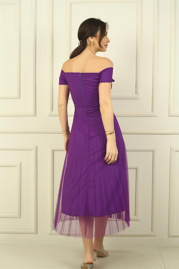 Madonna Yaka Astarlı Eteği Şifon Pilisoley Elbise